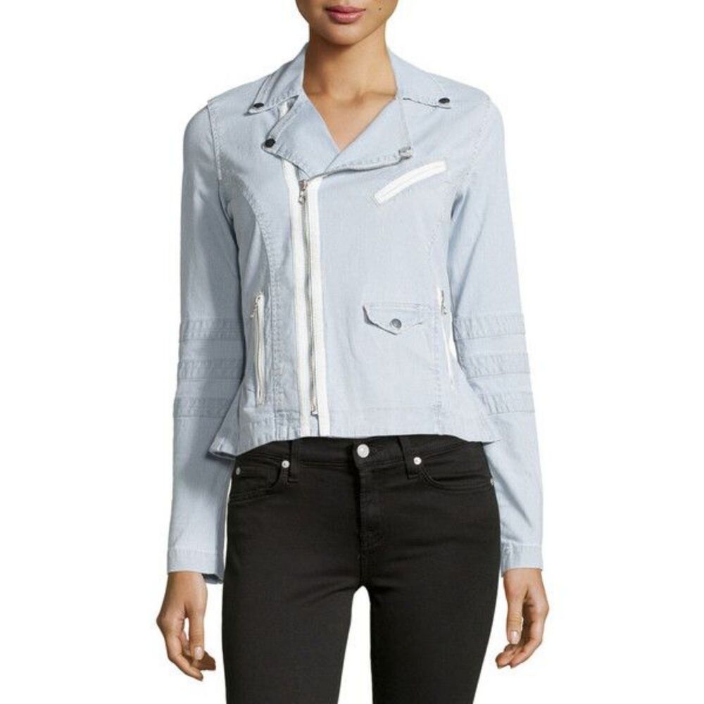 Joe's Jeans Jada Moto Peplum Jacket Cotton Pinstripe Chambray Blue Sz XS
